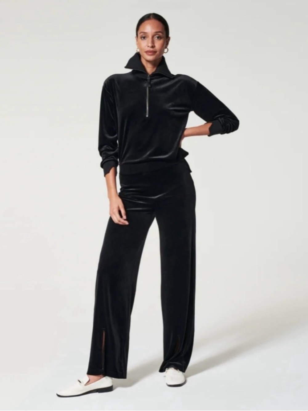 Spanx Velvet Velour Half Zip Wide Leg Tracksuit Set Black Size S